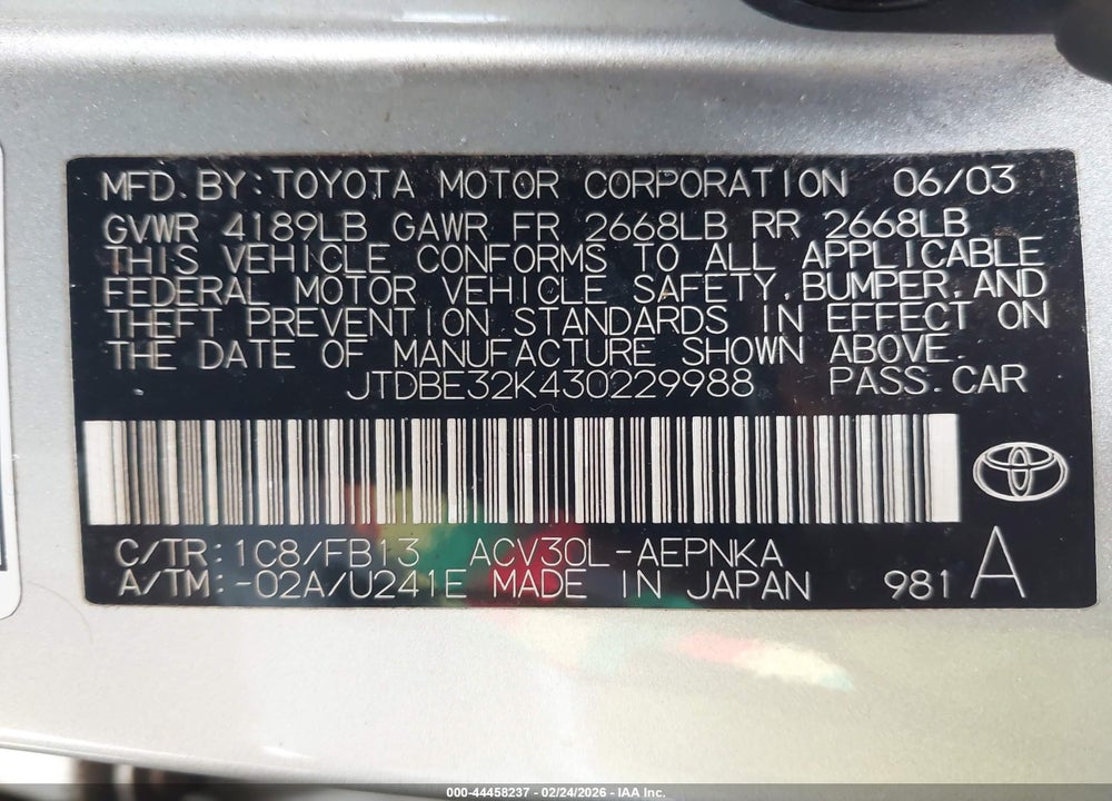 2003 TOYOTA CAMRY LE/SE/XLE VIN: JTDBE32K430229988