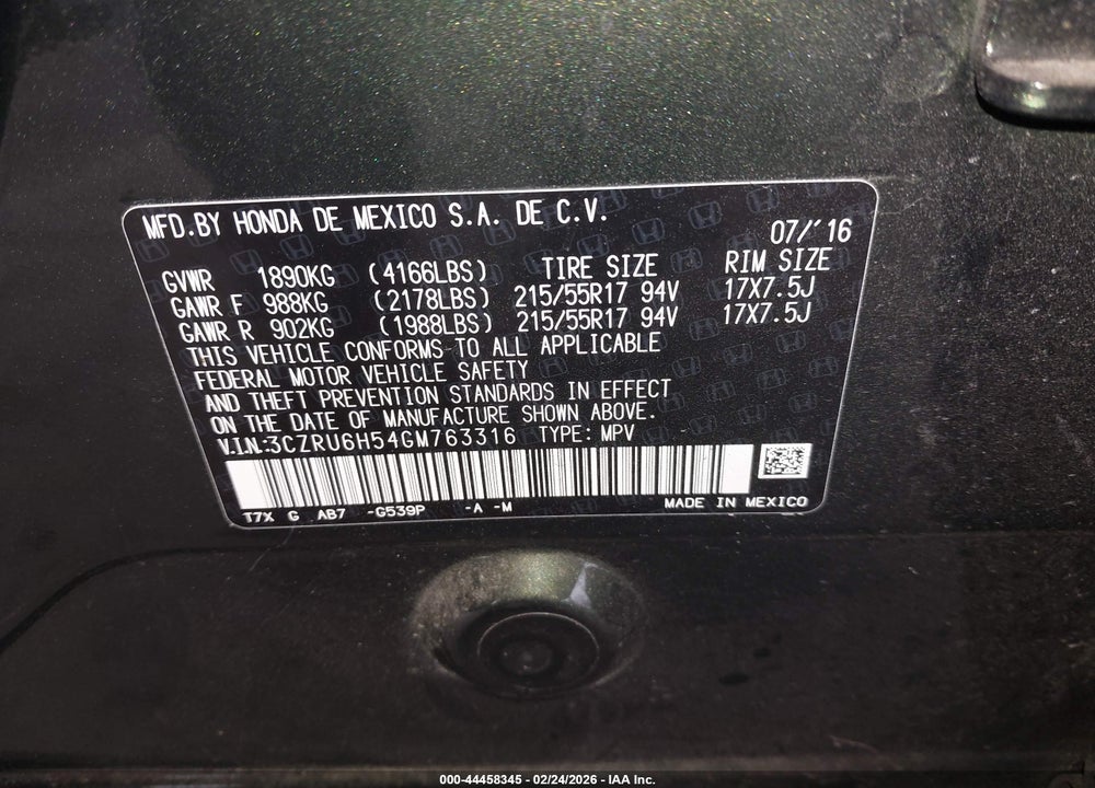 2016 HONDA HR-V EX VIN: 3CZRU6H54GM763316