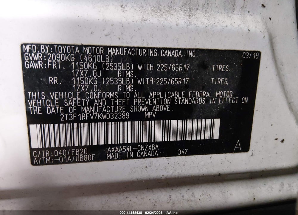 2019 TOYOTA RAV4 LE VIN: 2T3F1RFV7KW032389