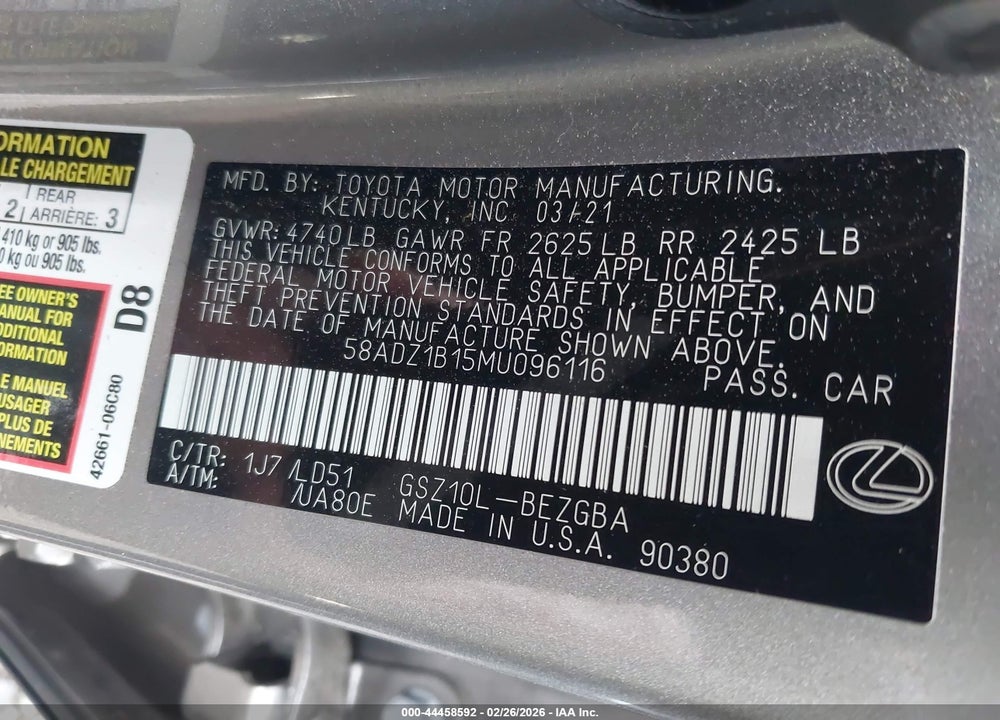 2021 LEXUS ES 350 VIN: 58ADZ1B15MU096116