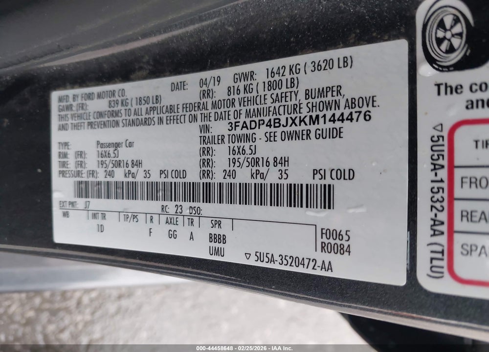 2019 FORD FIESTA SE VIN: 3FADP4BJXKM144476