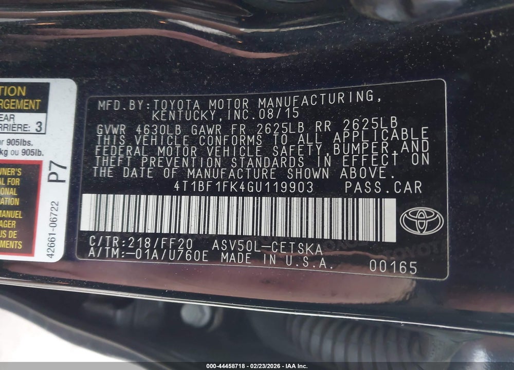 2016 TOYOTA CAMRY SE VIN: 4T1BF1FK4GU119903