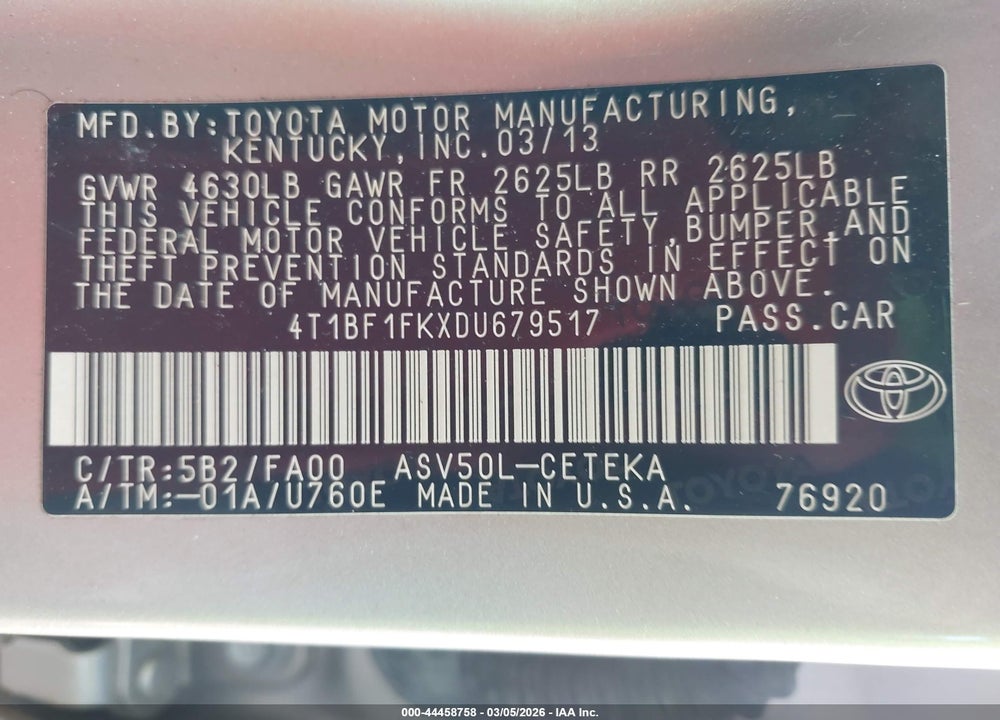2013 TOYOTA CAMRY L VIN: 4T1BF1FKXDU679517