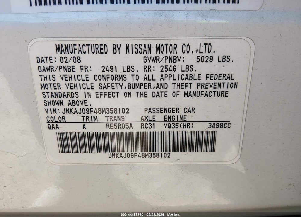 2008 INFINITI EX35 JOURNEY VIN: JNKAJ09F48M358102