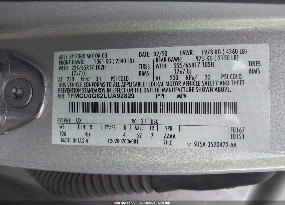 2020 FORD ESCAPE SE VIN: 1FMCU0G62LUA92829