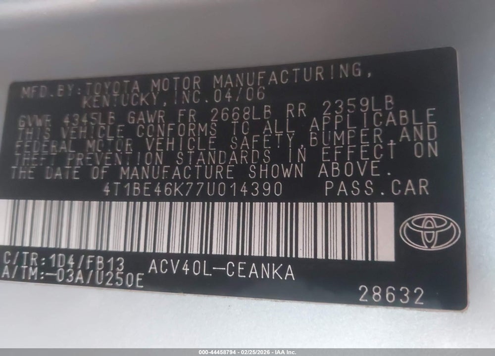 2007 TOYOTA CAMRY LE VIN: 4T1BE46K77U014390