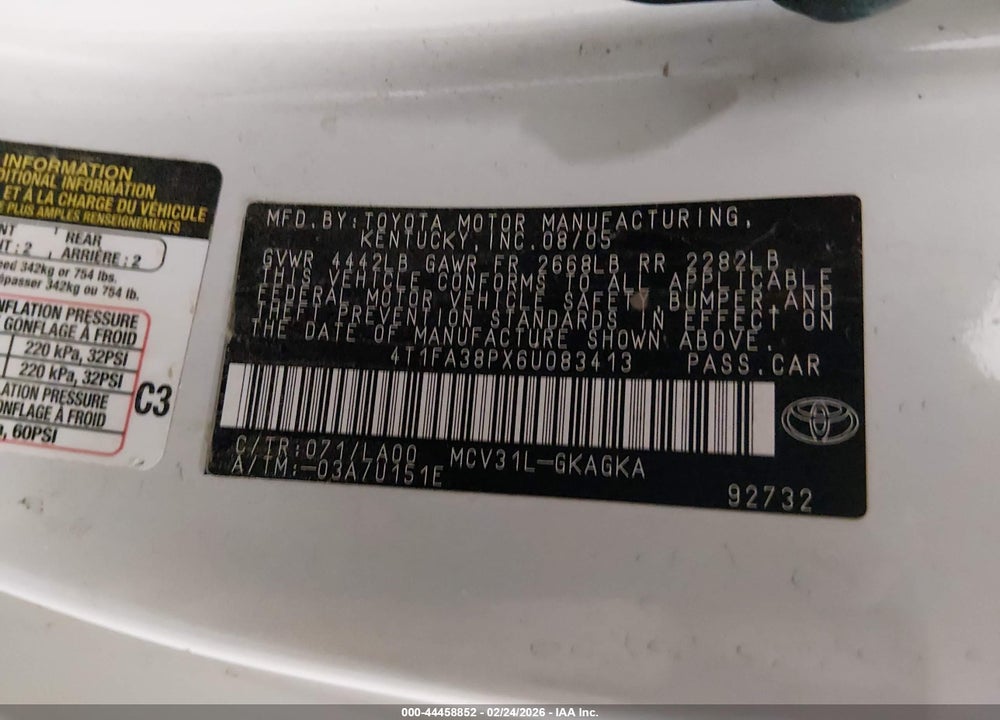 2006 TOYOTA CAMRY SOLARA SLE VIN: 4T1FA38PX6U083413
