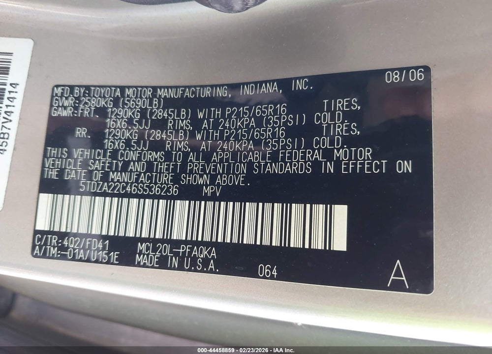 2006 TOYOTA SIENNA XLE VIN: 5TDZA22C46S536236