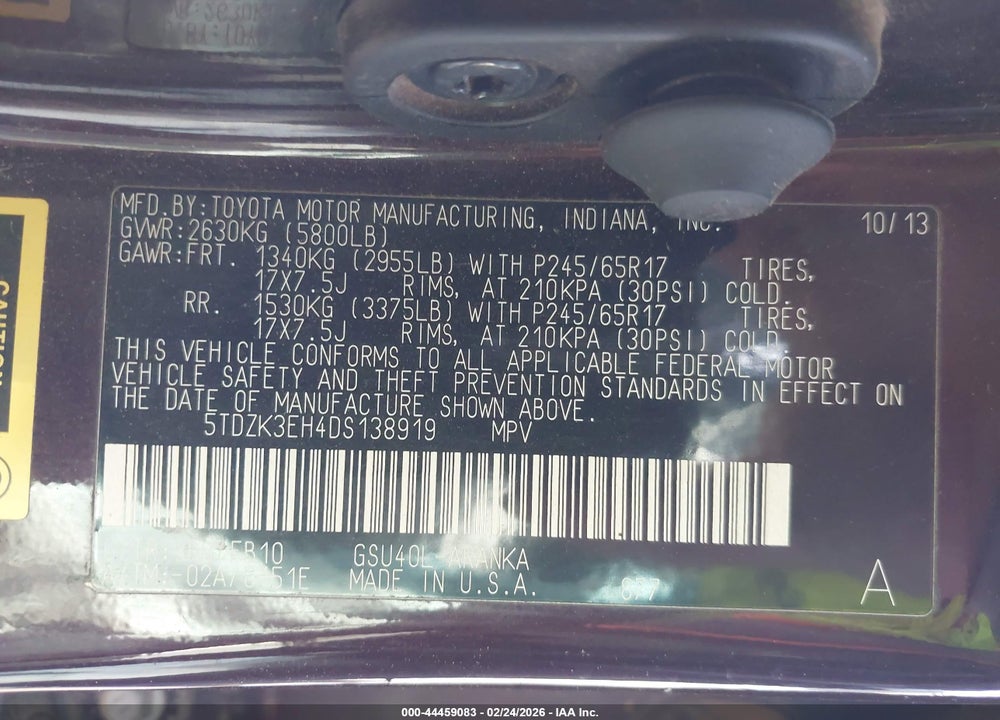 2013 TOYOTA HIGHLANDER BASE V6 VIN: 5TDZK3EH4DS138919