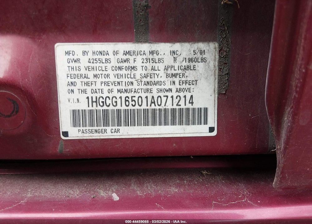 2001 HONDA ACCORD 3.0 EX VIN: 1HGCG16501A071214