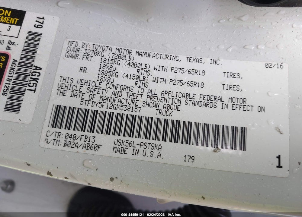 2016 TOYOTA TUNDRA SR5 5.7L V8 VIN: 5TFDY5F12GX538157