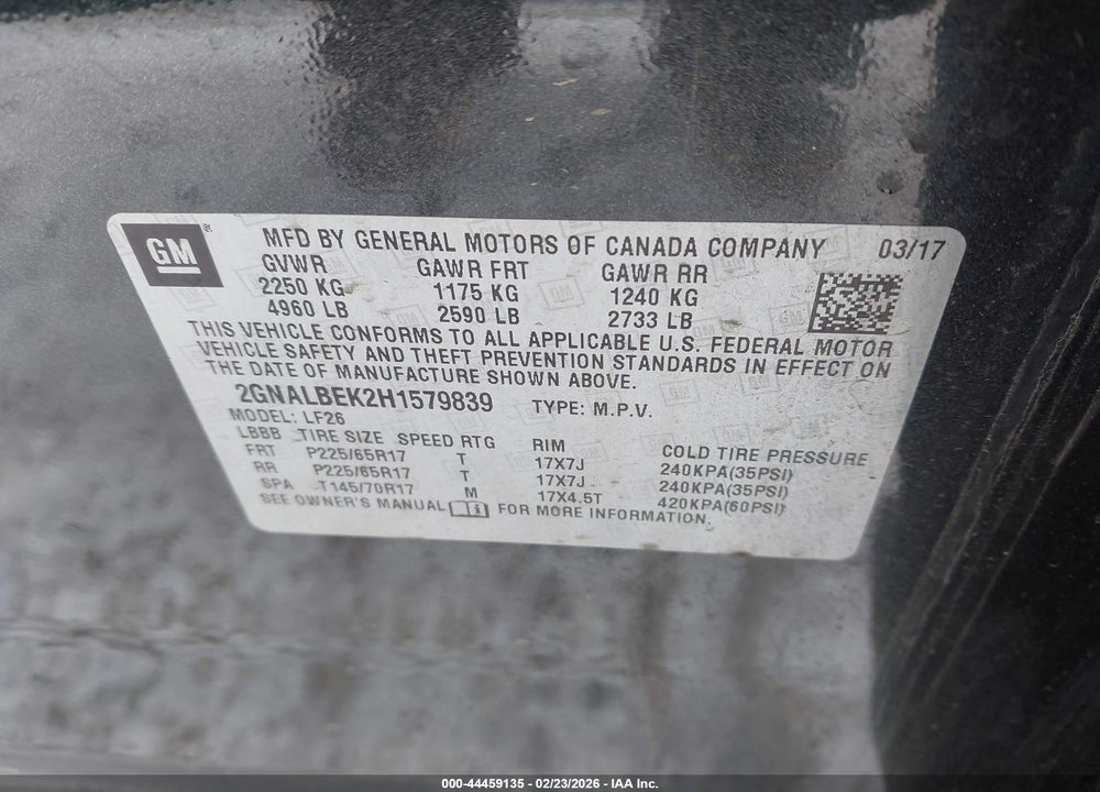 2017 CHEVROLET EQUINOX LS VIN: 2GNALBEK2H1579839