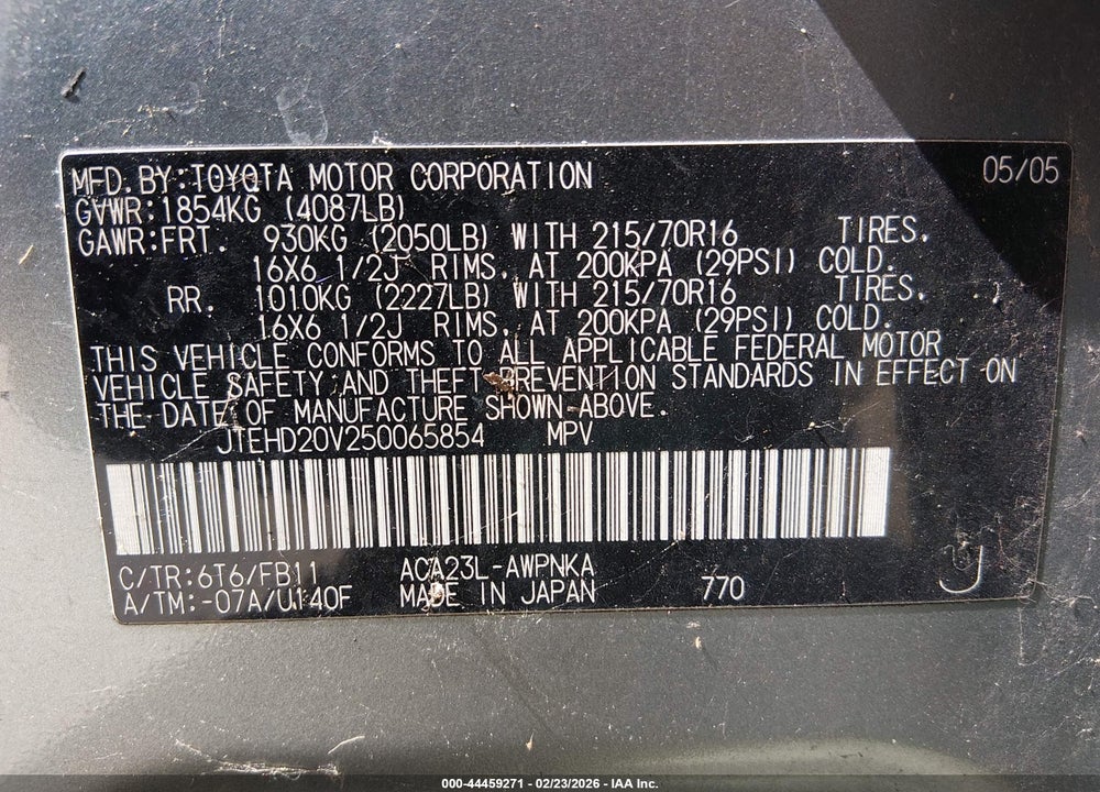 2005 TOYOTA RAV4 VIN: JTEHD20V250065854