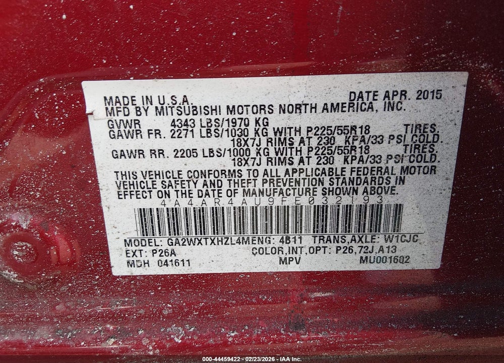 2015 MITSUBISHI OUTLANDER VIN: 4A4AR4AU9FE032193