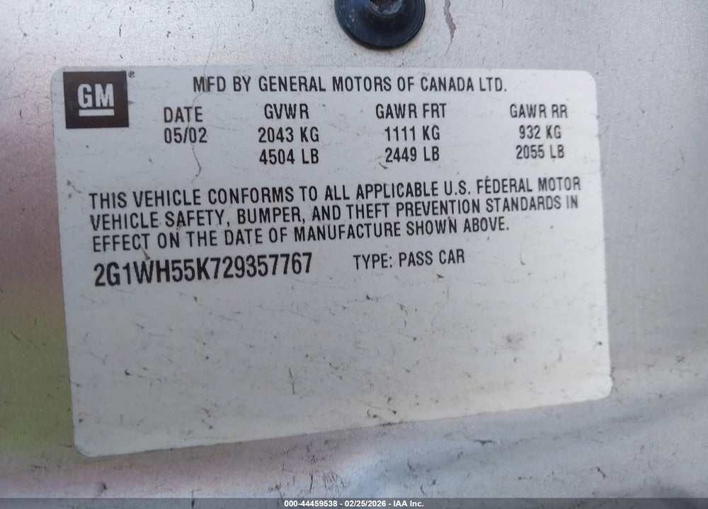 2002 CHEVROLET IMPALA LS VIN: 2G1WH55K729357767