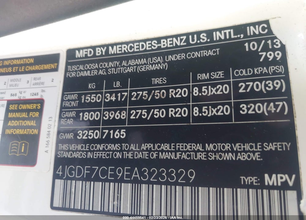 2014 MERCEDES-BENZ GL 450 4MATIC VIN: 4JGDF7CE9EA323329