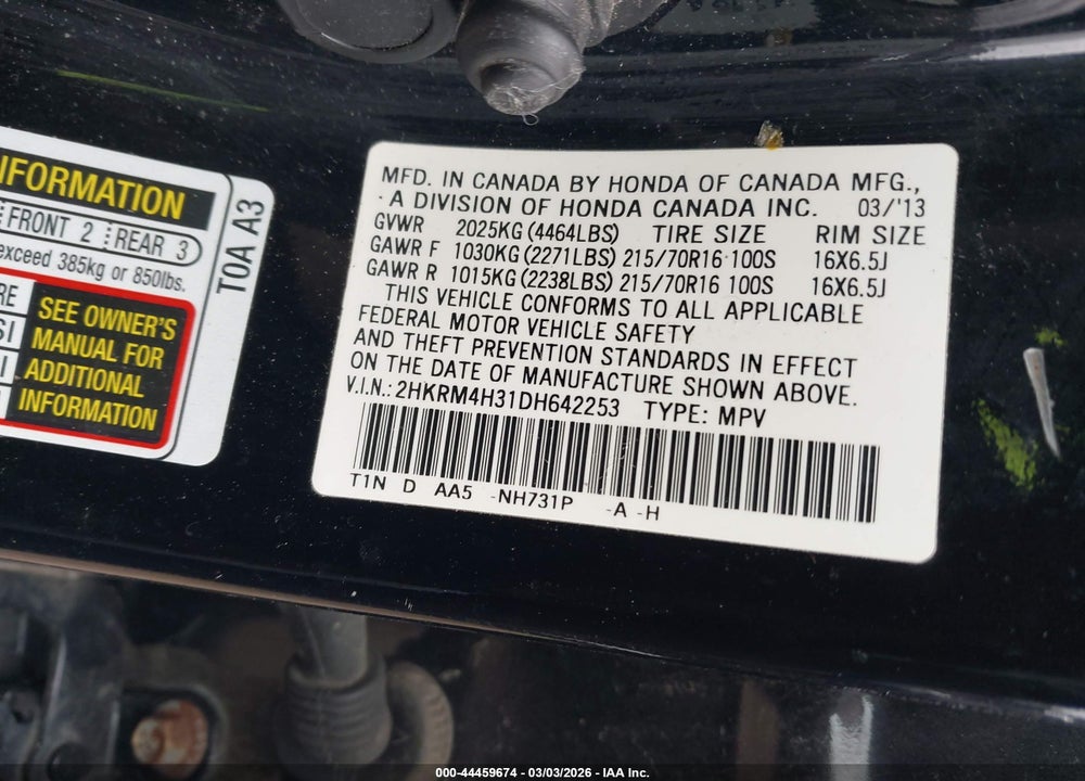 2013 HONDA CR-V LX VIN: 2HKRM4H31DH642253