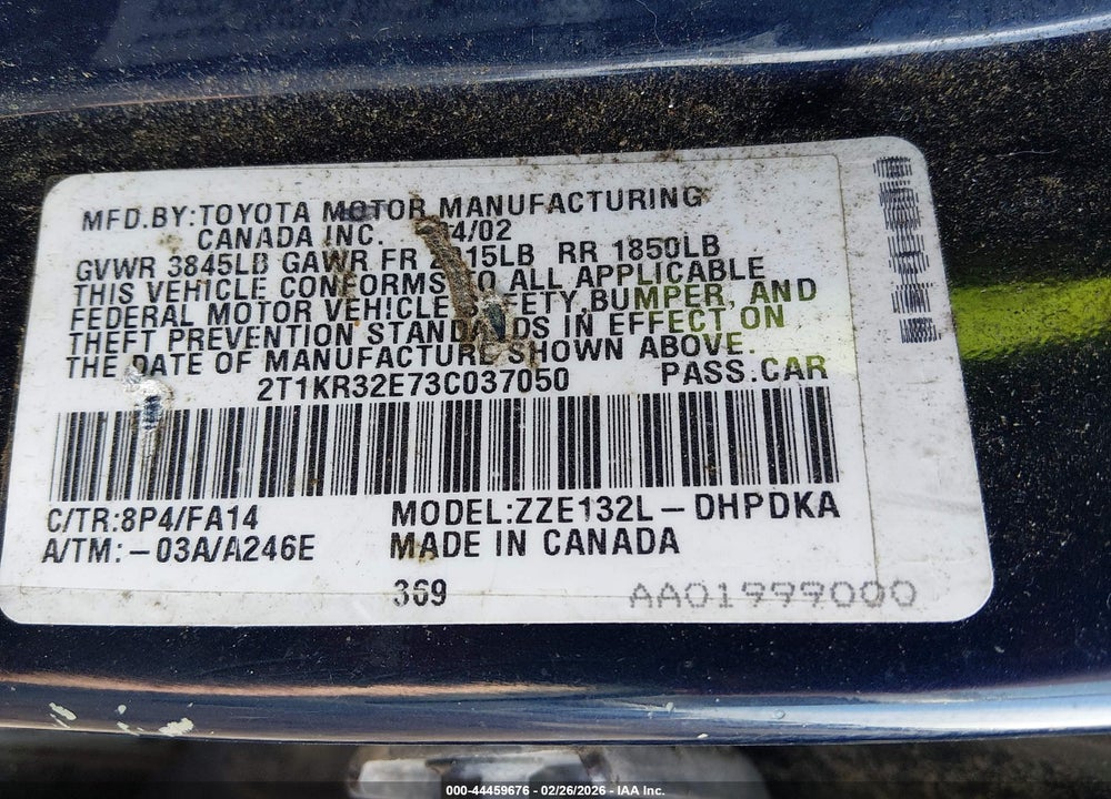 2003 TOYOTA MATRIX STANDARD VIN: 2T1KR32E73C037050