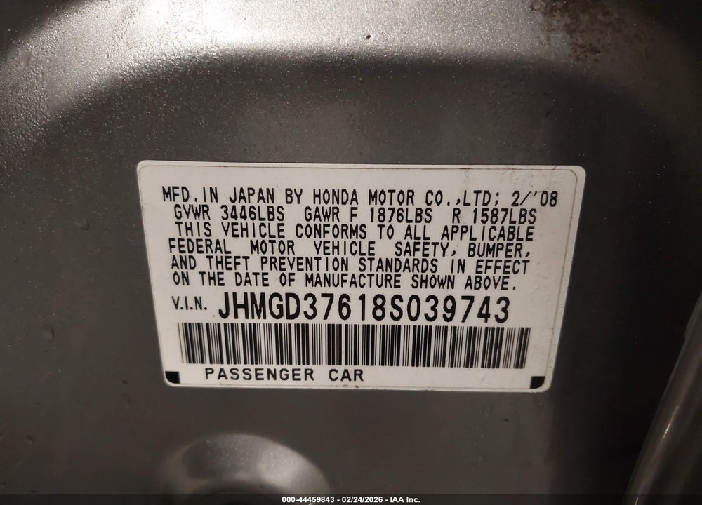 2008 HONDA FIT SPORT VIN: JHMGD37618S039743