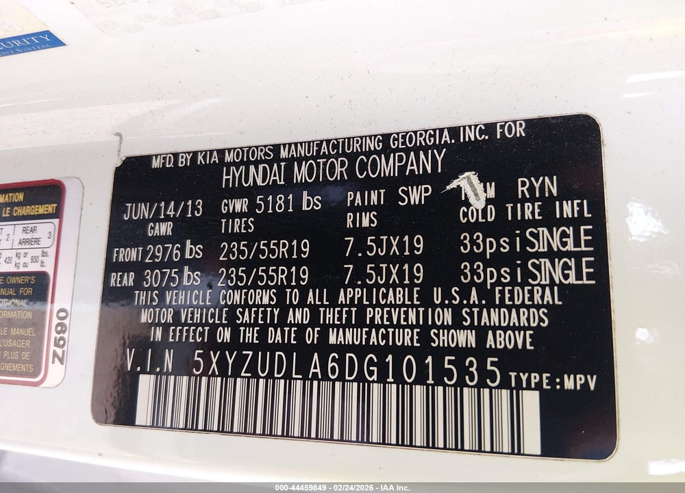 2013 HYUNDAI SANTA FE SPORT 2.0T VIN: 5XYZUDLA6DG101535