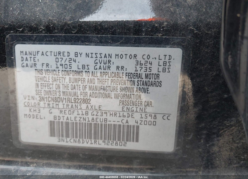 2024 NISSAN VERSA 1.6 S VIN: 3N1CN8DV1RL922802