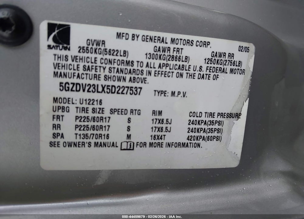 2005 SATURN RELAY FWD VIN: 5GZDV23LX5D227537