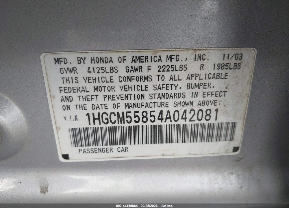 2004 HONDA ACCORD 2.4 EX VIN: 1HGCM55854A042081