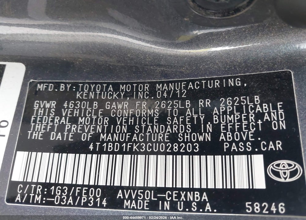 2012 TOYOTA CAMRY HYBRID LE VIN: 4T1BD1FK3CU028203