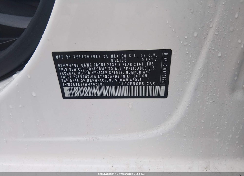 2017 VOLKSWAGEN JETTA 1.4T S VIN: 3VW2B7AJ1HM400206