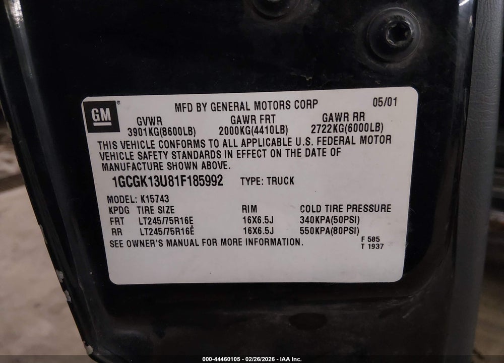 2001 CHEVROLET SILVERADO 1500HD LS VIN: 1GCGK13U81F185992