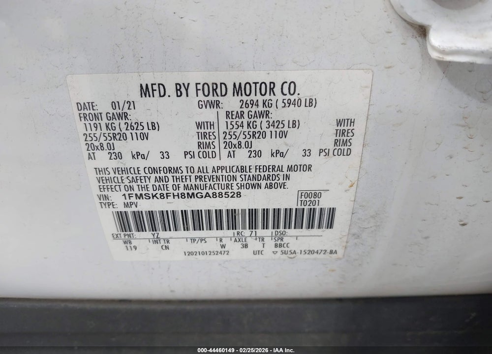 2021 FORD EXPLORER LIMITED VIN: 1FMSK8FH8MGA88528