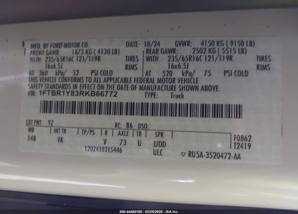 2024 FORD TRANSIT-250 VIN: 1FTBR1Y83RKB66772