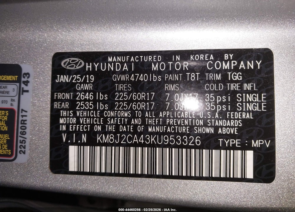 2019 HYUNDAI TUCSON SE VIN: KM8J2CA43KU953326