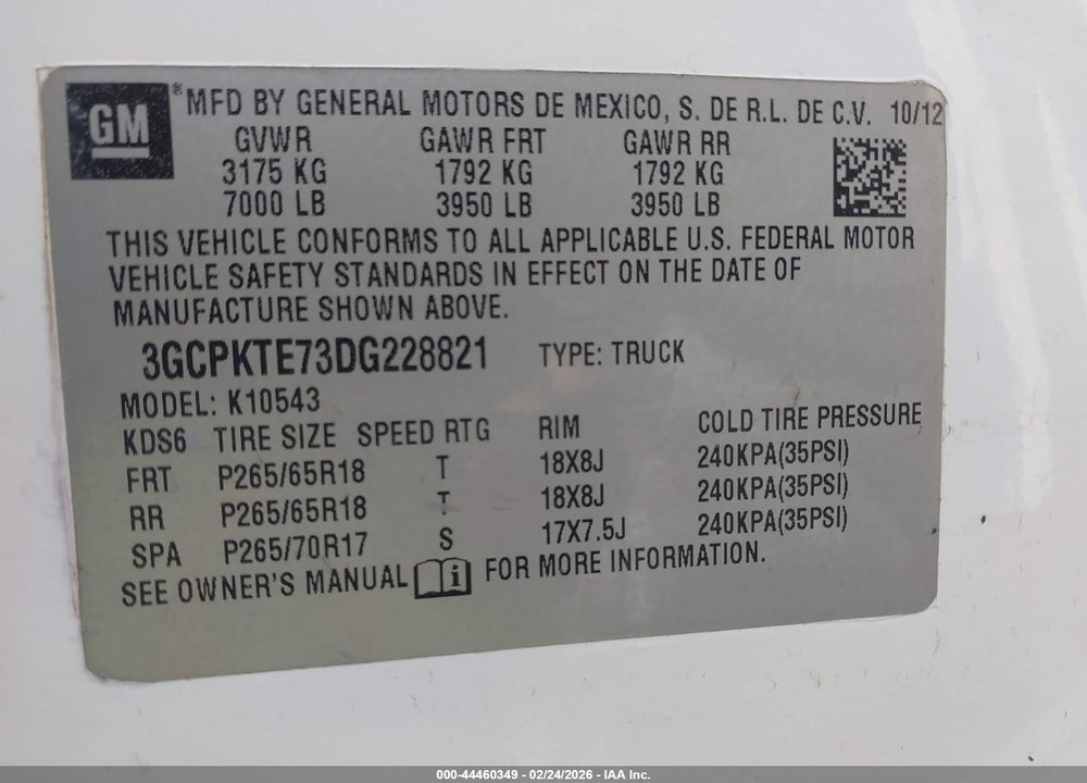 2013 CHEVROLET SILVERADO 1500 LTZ VIN: 3GCPKTE73DG228821
