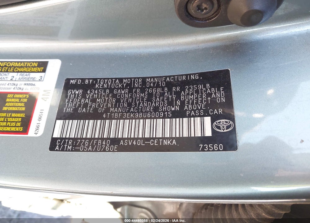 2011 TOYOTA CAMRY LE VIN: 4T1BF3EK9BU600915