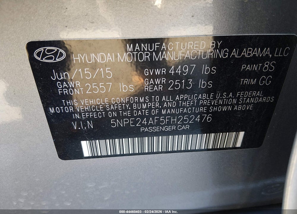 2015 HYUNDAI SONATA SE VIN: 5NPE24AF5FH252476