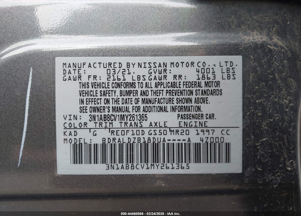 2021 NISSAN SENTRA SV XTRONIC CVT VIN: 3N1AB8CV1MY261365