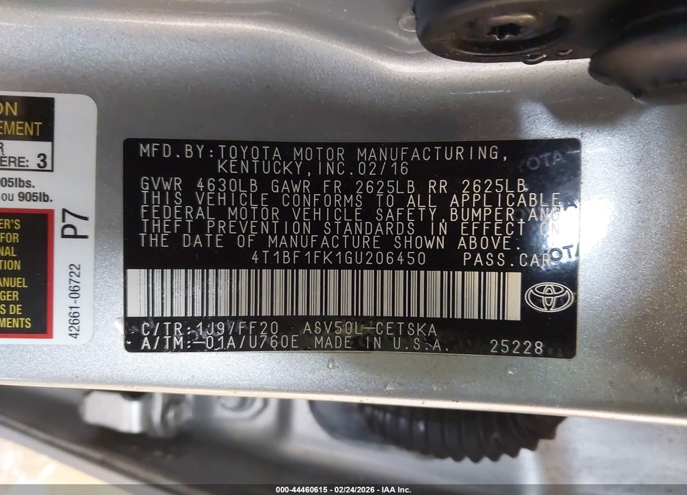 2016 TOYOTA CAMRY SE VIN: 4T1BF1FK1GU206450