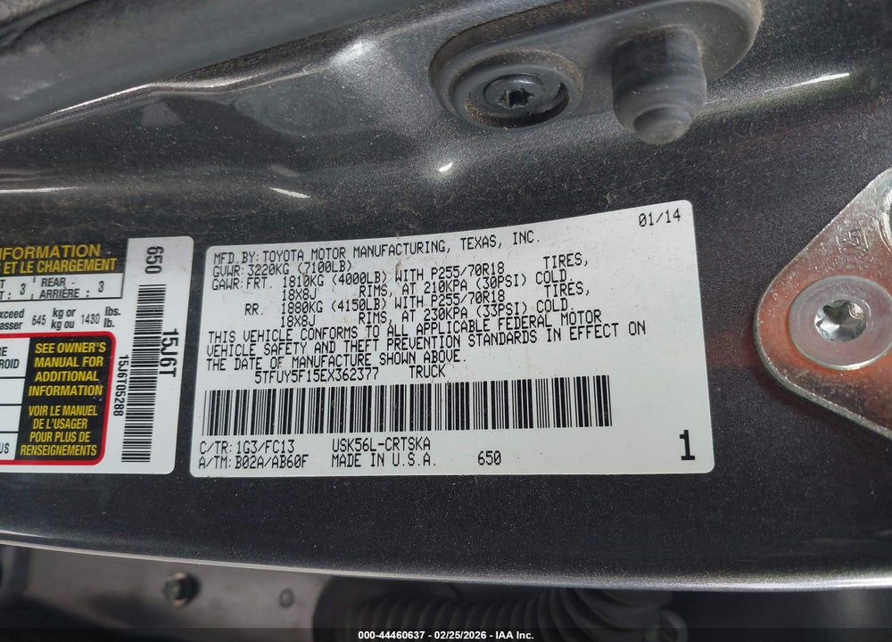 2014 TOYOTA TUNDRA SR5 5.7L V8 VIN: 5TFUY5F15EX362377