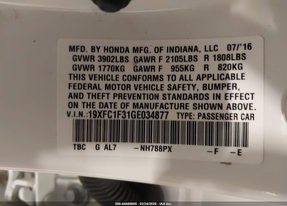 2016 HONDA CIVIC EX-T VIN: 19XFC1F31GE034877