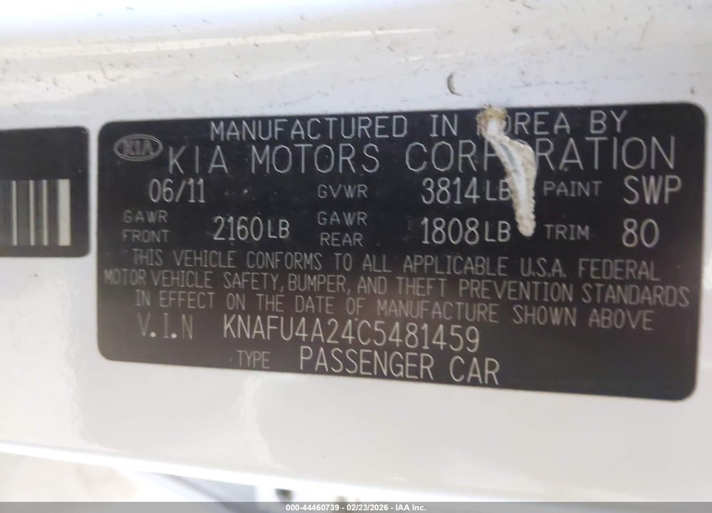 2012 KIA FORTE EX VIN: KNAFU4A24C5481459