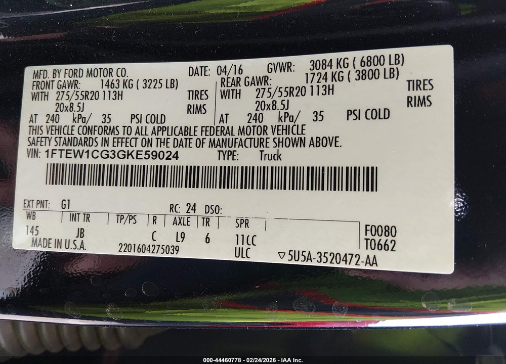 2016 FORD F-150 XLT VIN: 1FTEW1CG3GKE59024
