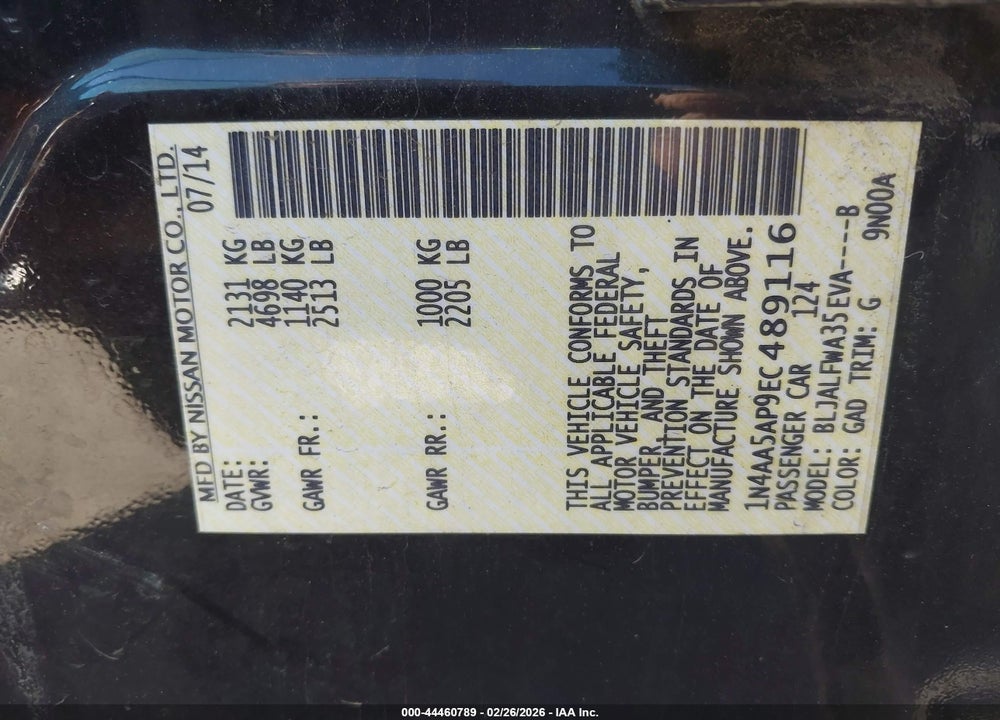 2014 NISSAN MAXIMA 3.5 SV VIN: 1N4AA5AP9EC489116