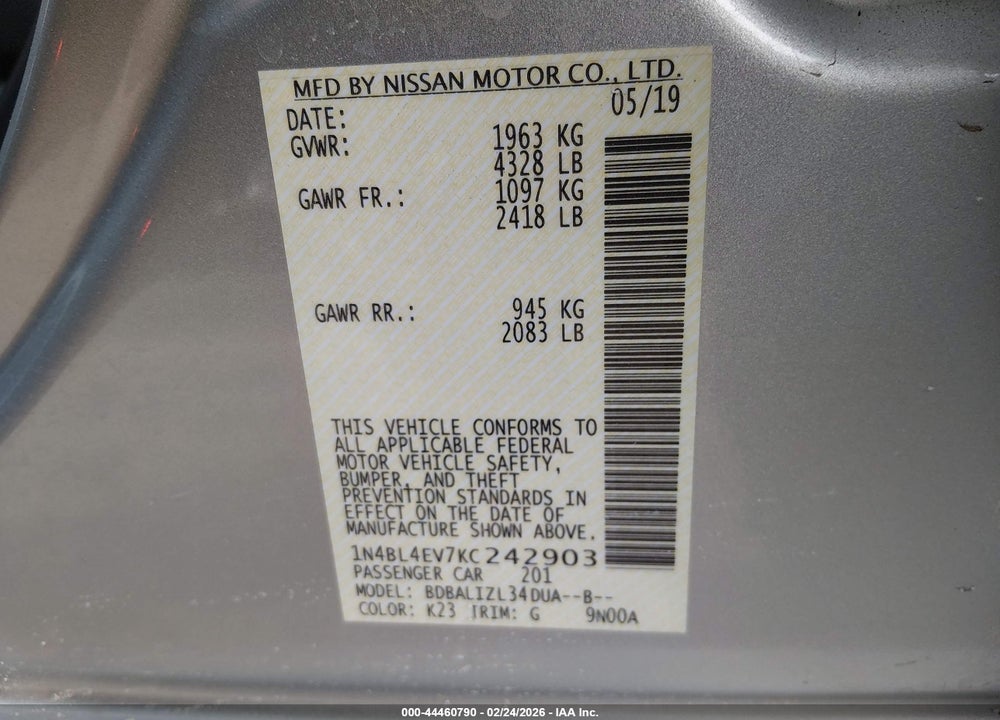 2019 NISSAN ALTIMA 2.5 SL VIN: 1N4BL4EV7KC242903