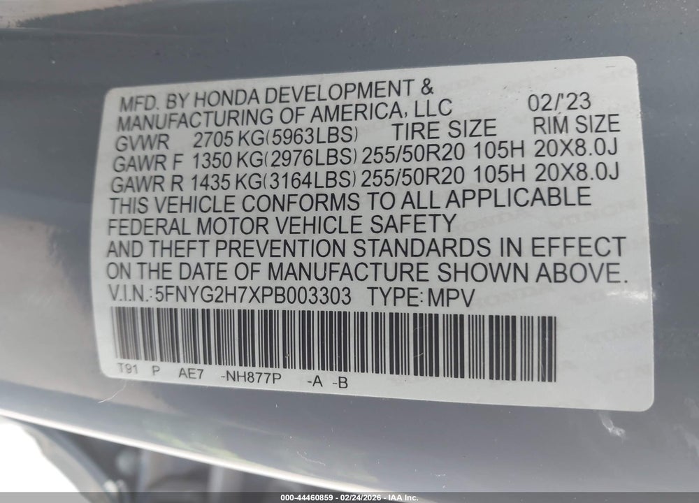 2023 HONDA PILOT 2WD TOURING VIN: 5FNYG2H7XPB003303