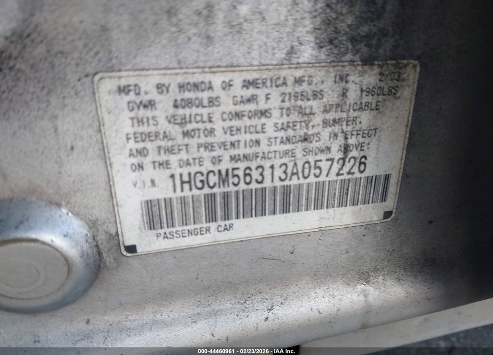 2003 HONDA ACCORD 2.4 LX VIN: 1HGCM56313A057226