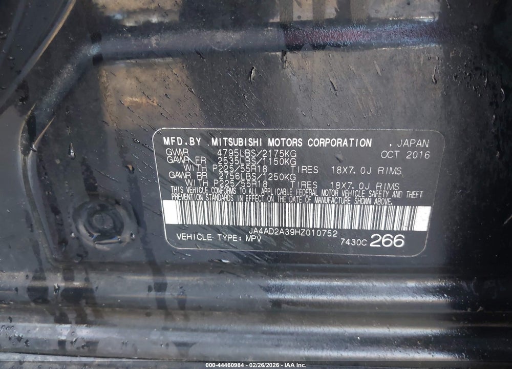 2017 MITSUBISHI OUTLANDER ES VIN: JA4AD2A39HZ010752