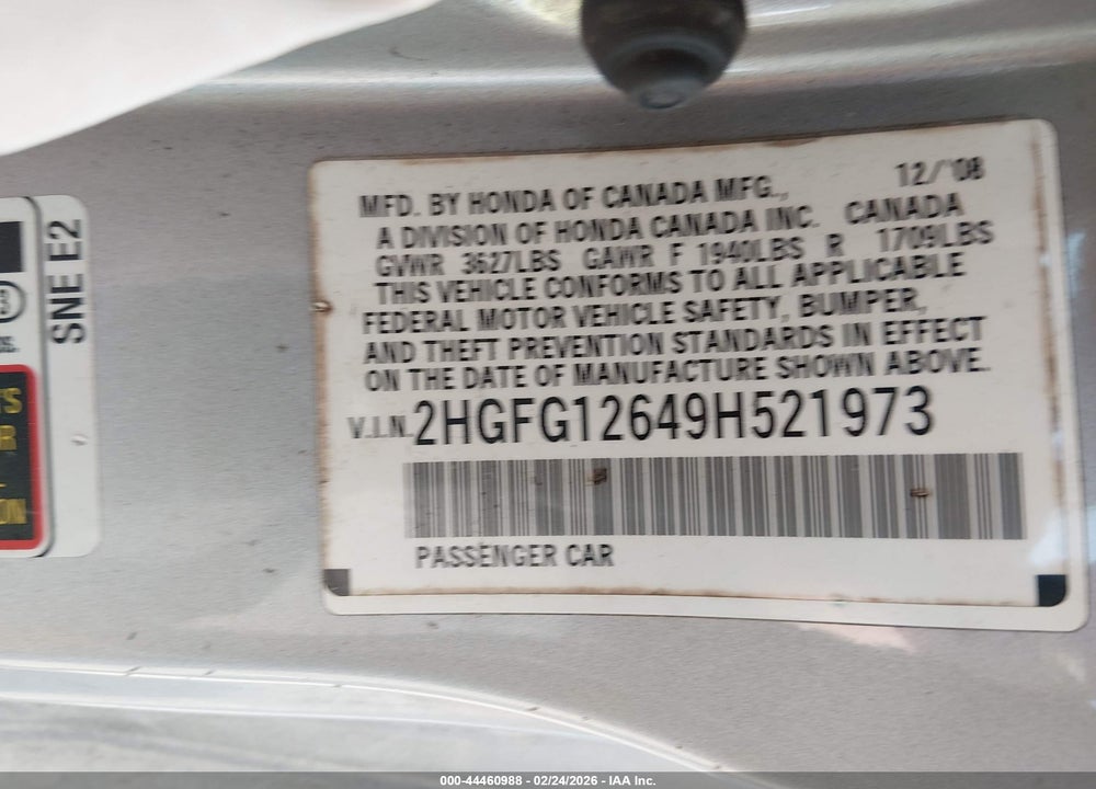 2009 HONDA CIVIC LX VIN: 2HGFG12649H521973