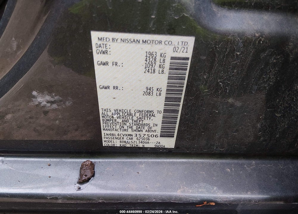 2021 NISSAN ALTIMA SR FWD VIN: 1N4BL4CVXMN357506