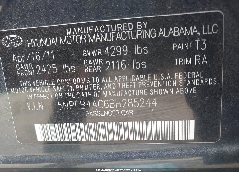 2011 HYUNDAI SONATA GLS VIN: 5NPEB4AC6BH285244